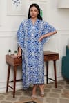 Buy_Rainas_Blue Cotton Silk Print French Bloom V Neck Kaftan _at_Aza_Fashions