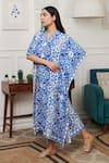 Shop_Rainas_Blue Cotton Silk Print French Bloom V Neck Kaftan _at_Aza_Fashions