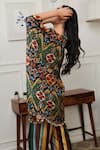 Shop_Rainas_Green Cotton Silk Print Tribal Ikat V Neck Kaftan With Striped Pant _at_Aza_Fashions