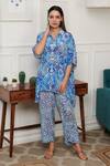 Buy_Rainas_Blue Cotton Silk Print Mosiac Fleur Collar Neck Mosaic Shirt With Pant _at_Aza_Fashions