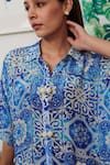 Shop_Rainas_Blue Cotton Silk Print Mosiac Fleur Collar Neck Mosaic Shirt With Pant _at_Aza_Fashions