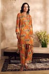 Buy_Rainas_Orange Cotton Silk Print Art Nouveau V Neck Asymmetric Kurta With Pant _at_Aza_Fashions