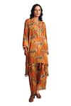 Shop_Rainas_Orange Cotton Silk Print Art Nouveau V Neck Asymmetric Kurta With Pant _at_Aza_Fashions