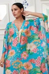 Shop_Rainas_Blue Cotton Silk Print Hawaiian Bloom V Neck Kaftan _at_Aza_Fashions