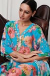 Rainas_Blue Cotton Silk Print Hawaiian Bloom V Neck Kaftan _Online_at_Aza_Fashions