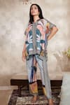 Buy_Rainas_Blue Cotton Silk Print Fleur Art Mandarin Collar Top With Pant _at_Aza_Fashions