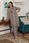 Buy_Rainas_Multi Color Cotton Silk Print Ladder Stripe Round Collar Kurta With Pant _at_Aza_Fashions