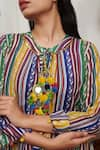 Rainas_Multi Color Cotton Silk Print Ladder Stripe Round Collar Kurta With Pant _Online_at_Aza_Fashions