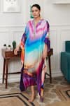 Buy_Rainas_Multi Color Cotton Silk Print Splash Wave Stand Collar Ombre Kaftan _at_Aza_Fashions