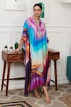 Shop_Rainas_Multi Color Cotton Silk Print Splash Wave Stand Collar Ombre Kaftan _at_Aza_Fashions