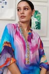 Rainas_Multi Color Cotton Silk Print Splash Wave Stand Collar Ombre Kaftan _Online_at_Aza_Fashions