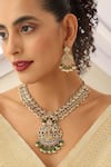 MUDRA LUXE_Gold Plated Stone Laxmiji Pearl Tassel Temple Necklace Set _Online_at_Aza_Fashions