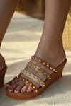 Miraki_Brown Stud Metallic Strap Wedges _Online