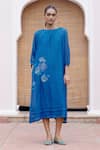 Buy_Vaayu_Blue Muslin Cotton Embroidered Thread Boat Floral Midi Dress _at_Aza_Fashions