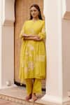 Shop_Vaayu_Yellow Muslin Cotton Embroidered Floral Applique Round Work Kurta Pant Set _at_Aza_Fashions