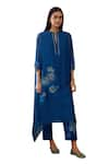 Vaayu_Blue Muslin Cotton Embroidered Floral Applique Work Asymmetric Kurta And Pant Set _at_Aza_Fashions