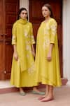 Vaayu_Yellow Muslin Cotton Embroidered Floral Applique Round Printed Jacket Dress _Online_at_Aza_Fashions