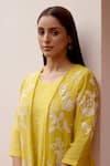 Shop_Vaayu_Yellow Muslin Cotton Embroidered Floral Applique Round Printed Jacket Dress _Online_at_Aza_Fashions