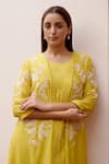 Vaayu_Yellow Muslin Cotton Embroidered Floral Applique Round Printed Jacket Dress _at_Aza_Fashions