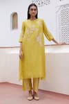 Buy_Vaayu_Yellow Muslin Cotton Embroidered Floral Applique Round Kurta And Pant Set _at_Aza_Fashions