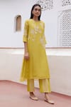 Vaayu_Yellow Muslin Cotton Embroidered Floral Applique Round Kurta And Pant Set _Online_at_Aza_Fashions