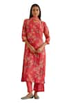 Buy_Vaayu_Pink Muslin Cotton Printed Floral V Neck Kantha Embroidered Kurta Pant Set _Online_at_Aza_Fashions