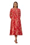 Vaayu_Pink Muslin Cotton Printed Floral V Neck Midi Dress _Online_at_Aza_Fashions