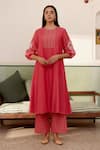 Buy_Vaayu_Pink Muslin Cotton Embroidered Floral Applique Work Kurta And Checkered Pant Set _at_Aza_Fashions