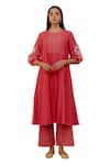 Buy_Vaayu_Pink Muslin Cotton Embroidered Floral Applique Work Kurta And Checkered Pant Set _Online_at_Aza_Fashions