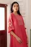 Vaayu_Pink Muslin Cotton Embroidered Floral Applique Work Kurta And Checkered Pant Set _Online