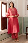 Buy_Vaayu_Pink Muslin Cotton Embroidered Floral Applique Work Kurta And Checkered Pant Set _Online