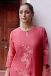 Shop_Vaayu_Pink Muslin Cotton Printed Floral Round Applique Embroidered Kurta And Pant Set 