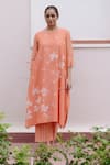 Buy_Vaayu_Peach Muslin Cotton Printed Floral Round Thread Embroidered Dress _at_Aza_Fashions