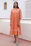 Buy_Vaayu_Peach Muslin Cotton Embroidered Floral Applique Round Dress _at_Aza_Fashions