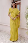 Buy_Vaayu_Yellow Muslin Cotton Embroidered Applique Citrine Printed Saree With Blouse _at_Aza_Fashions