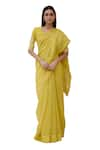 Buy_Vaayu_Yellow Muslin Cotton Embroidered Applique Citrine Printed Saree With Blouse _Online_at_Aza_Fashions