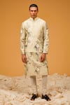 Buy_Rohit Bal_Ivory Chanderi Silk Printed Leaf Chevron Bundi And Kurta Set _at_Aza_Fashions