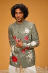 Buy_Rohit Bal_Grey Chanderi Silk Printed Flower Bandhgala _Online_at_Aza_Fashions