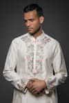 Shop_Rohit Bal_Ivory Chanderi Silk Embroidery Floral Rose Bloom Kurta With Churidar _Online_at_Aza_Fashions