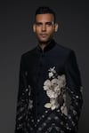 Rohit Bal_Black Matka Silk Embroidery Floral Garden Monochrome Sherwani _Online_at_Aza_Fashions