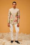 Buy_Rohit Bal_Cream Chanderi Silk Printed Floral Bouquet Bandhgala _at_Aza_Fashions