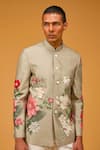 Rohit Bal_Cream Chanderi Silk Printed Floral Bouquet Bandhgala _Online_at_Aza_Fashions