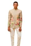 Shop_Rohit Bal_Cream Chanderi Silk Printed Floral Bouquet Bandhgala 