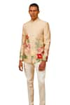 Shop_Rohit Bal_Beige Chanderi Silk Printed Floral Bouquet Bandhgala _Online_at_Aza_Fashions