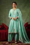 Buy_Label Niti Bothra_Blue Kurta And Pant Chanderi Silk Embroidery Zardozi V Neck Ambi Buta Work Set _at_Aza_Fashions