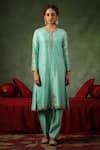 Buy_Label Niti Bothra_Blue Kurta And Pant Chanderi Silk Embroidery Zardozi V Neck Ambi Buta Work Set 