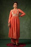 Shop_Label Niti Bothra_Peach Kurta And Pant Chanderi Silk Embroidery Zardozi Keyhole Yoke Set 