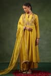 Buy_Label Niti Bothra_Yellow Kurta And Pant Chanderi Silk Embroidery Zardozi Keyhole Set _at_Aza_Fashions