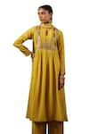 Shop_Label Niti Bothra_Yellow Kurta And Pant Chanderi Silk Embroidery Zardozi Keyhole Set _Online_at_Aza_Fashions