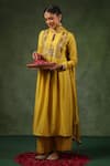 Shop_Label Niti Bothra_Yellow Kurta And Pant Chanderi Silk Embroidery Zardozi Keyhole Set 